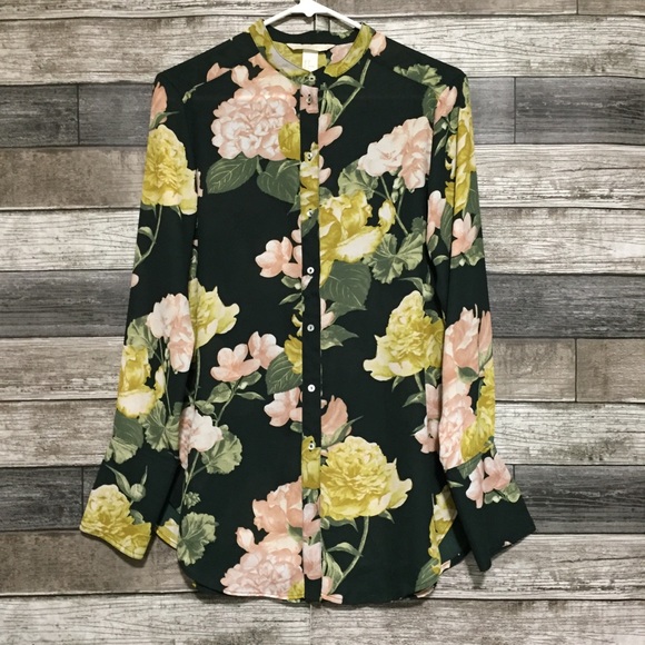 H&M Conscious Floral Blouse Women’s 8 Green Semi Sheer Long Line Button Front. - Picture 4 of 12